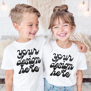 Siblings T-Shirt Mockup | Kids White Short Sleeve Youth T-Shirts | 3001Y 3001T | Lifestyle Mockup | Trendy Modern Realistic Influencer | JPG