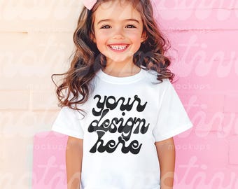 Kids T-Shirt Mockup | White Short Sleeve Youth Shirt | 3001Y 3321 3001T 500B | Vibrant Lifestyle Mockup | Trendy Modern Realistic | JPG