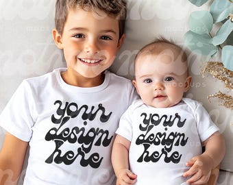 Siblings Mockup | Kids White Short Sleeve Shirt Infant Baby Bodysuit | 3001 500B 100B 4400 | Lifestyle Mockup | Trendy Modern | JPG
