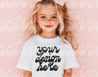 Kids T-Shirt Mockup | White Short Sleeve Youth Shirt | 3001Y 3321 3001T 500B | Vibrant Lifestyle Mockup | Trendy Modern Realistic | JPG