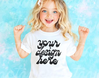 Kids T-Shirt Mockup | White Short Sleeve Youth Shirt | 3001Y 3321 3001T 500B | Vibrant Lifestyle Mockup | Trendy Modern Realistic | JPG