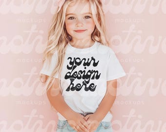Kids T-Shirt Mockup | White Short Sleeve Youth Shirt | 3001Y 3321 3001T 500B | Vibrant Lifestyle Mockup | Trendy Modern Realistic | JPG