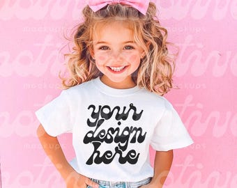 Kids T-Shirt Mockup | White Short Sleeve Youth Shirt | 3001Y 3321 3001T 500B | Vibrant Lifestyle Mockup | Trendy Modern Realistic | JPG