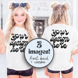 Back and Front View Kids T-Shirt Mockup White Shirt Mock up Youth T-Shirt Toddler Shirt Mock-up Girl Cute Kid Mockup 3001Y 64000B 500B
