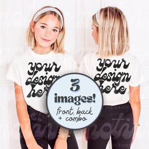 Back and Front View Kids T-Shirt Mockup White Shirt Mock up Youth T-Shirt Toddler Shirt Mock-up Girl Cute Kid Mockup 3001Y 64000B 500B