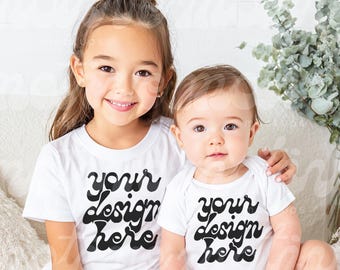 Siblings Mockup | Kids White Short Sleeve Shirt Infant Baby Bodysuit | 3001 500B 100B 4400 | Lifestyle Mockup | Trendy Modern | JPG