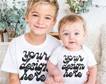 Siblings Mockup | Kids White Short Sleeve Shirt Infant Baby Bodysuit | 3001 500B 100B 4400 | Lifestyle Mockup | Trendy Modern | JPG