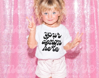 Kids T-Shirt Mockup | White Short Sleeve Youth Shirt | 3001Y 3321 3001T 500B | Vibrant Lifestyle Mockup | Trendy Modern Realistic | JPG