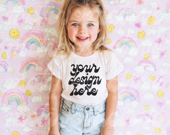 Kids T-Shirt Mockup | White Short Sleeve Youth Shirt | 3001Y 3321 3001T 500B | Vibrant Lifestyle Mockup | Trendy Modern Realistic | JPG