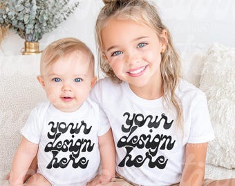 Siblings Mockup | Kids White Short Sleeve Shirt Infant Baby Bodysuit | 3001 500B 100B 4400 | Lifestyle Mockup | Trendy Modern | JPG