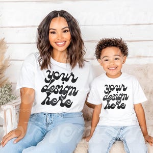 Mother & Son T-Shirt Mockup White Shirt Mock up Group Kid Mock Up Youth Shirt Mock-up Boy Mockup Mommy And Me Mom Mockup 3001T 3001 6400