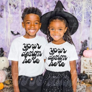 Brother & Sister T-Shirt Mockup | Halloween Autumn Kid Youth T-Shirt | White Short Sleeve | 3001Y 64000B 500B | Fall Lifestyle Mockup | JPG