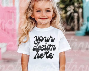 Kids T-Shirt Mockup | White Short Sleeve Youth Shirt | 3001Y 3321 3001T 500B | Vibrant Lifestyle Mockup | Trendy Modern Realistic | JPG