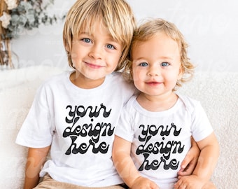 Siblings Mockup | Kids White Short Sleeve Shirt Infant Baby Bodysuit | 3001 500B 100B 4400 | Lifestyle Mockup | Trendy Modern | JPG