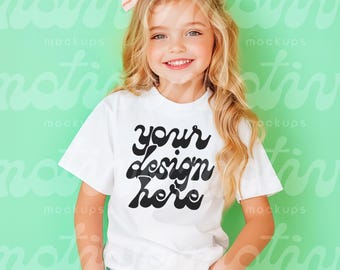 Kids T-Shirt Mockup | White Short Sleeve Youth Shirt | 3001Y 3321 3001T 500B | Vibrant Lifestyle Mockup | Trendy Modern Realistic | JPG