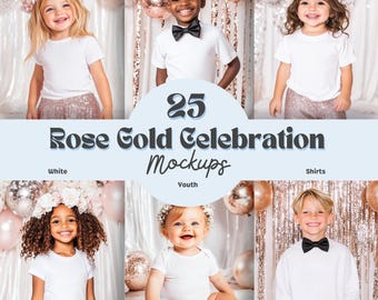 25 Rose Gold Celebration Youth Mockup Bundle | Kid T-Shirt Sweatshirt Baby Bodysuit | 3001Y 3321 18000B 4424 | Lifestyle Mockup Bundle | JPG