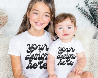 Siblings Mockup | Kids White Short Sleeve Shirt Infant Baby Bodysuit | 3001 500B 100B 4400 | Lifestyle Mockup | Trendy Modern | JPG