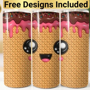 Conception de gobelet de crème glacée mignonne gonflée en 3D, Tumbler Wrap PNG, conception de gobelet maigre de 20 oz, conception de gobelet de crème glacée, enveloppement de gobelet de crème glacée,