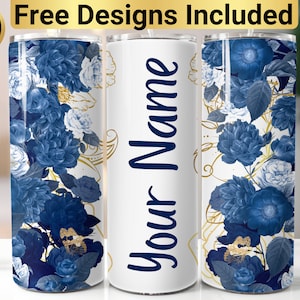 Bicchiere con motivo floreale blu e oro, bicchiere con motivo PNG, bicchiere sottile da 20 once, bicchiere con motivo &quot;Aggiungi il tuo nome&quot;, bicchiere con motivo &quot;Fiori blu&quot;