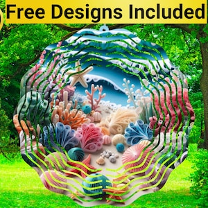 Puede incluir: Un molinillo de viento de papel colorido y en capas con un tema de vida marina. El diseño presenta corales, conchas marinas, estrellas de mar y olas en tonos de azul, rosa, verde y amarillo.