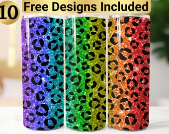 Design del bicchiere termico con stampa leopardata arcobaleno, pellicola protettiva per bicchiere termico PNG, design del bicchiere termico sottile da 20 oz, pellicola protettiva leopardata per bicchiere termico, pellicola leopardata, bicchiere termico con glitter leopardati,