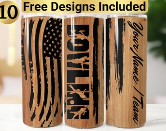 May include: Three cylindrical tumblers with a wood grain pattern. The first features a black American flag design. The second displays the word BOWLING vertically with silhouettes of players. The third has a black brushstroke and the text Your Name / Team.