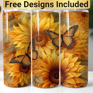 Big Sunflowers with Butterfly&#39;s Design, Tumbler Wrap PNG, 20 oz Skinny Tumbler Design, Sunflower Tumbler Wrap, Sunflower tumbler design,