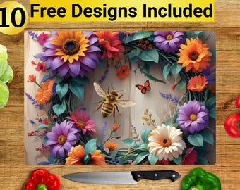 Bee Floral Cutting Board Design, Bee Cutting Board PNG, Cutting Board Sublimation Design, Bee Cutting Board Design, Cutting Board PNG,