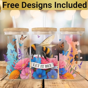 Bee Glass Tumbler Design, Glass Can Wrap PNG, 16 oz Glass Can Wrap Design, Bee Glass Tumbler Wrap, Bee Glass Can PNG,