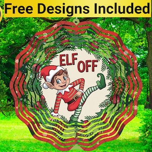 Puede incluir: Un molinillo de viento de Navidad rojo y verde con un duende de dibujos animados que lleva un traje a rayas rojo y blanco. El duende sostiene un cartel que dice "Elf Off".