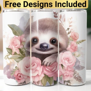 Flowers Baby Sloth Tumbler Design, Tumbler Wrap PNG, 20 oz Skinny Tumbler Design, Sloth Tumbler Design, Sloth Tumbler Wrap, Sloth Tumbler,