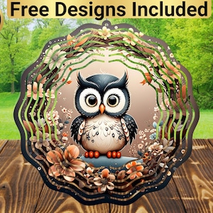 May include: A colorful metal wind spinner with a layered design featuring a brown owl with large eyes and a floral pattern. The text "10 Free Designs Included" is visible at the top of the image.
