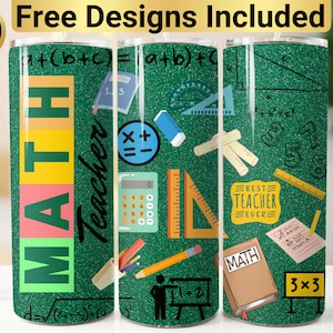 May include: Three green, white, and pink insulated tumblers with a math theme. The tumblers feature a variety of math-related images, including numbers, equations, rulers, and a calculator. The text "MATH Teacher" is printed on one of the tumblers.