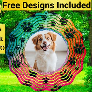 May include: A colorful, swirling wind spinner with paw prints and a circular cutout for a photo. The cutout features a brown and white dog with a happy expression. The text "Add Your Photo" is visible in the upper left corner.
