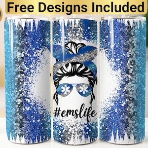 Puede incluir: Un vaso blanco con un diseño de purpurina azul y plateada. El vaso presenta un gráfico de una mujer con un moño desordenado, usando gafas de sol con un símbolo médico, y el texto "#emslife".