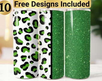 Green Glitter Leopard Tumbler Design, Tumbler Wrap PNG, 20 oz Skinny Tumbler Design, Add Name, Leopard Tumbler Wrap, Leopard Glitter Tumbler