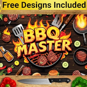 May include: A BBQ-themed design featuring the words "BBQ MASTER" in a fiery font, surrounded by illustrations of grilled food, flames, and grilling tools. The image includes the text "10 Free Designs Included" in a yellow banner.