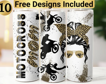 May include: Three white tumblers with black and gold designs. The first tumbler has the words "MOTOCROSS MOM" in black and gold with a leopard print pattern. The second tumbler has a silhouette of a person riding a dirt bike. The third tumbler has a silhouette of a woman with a leopard print headband and sunglasses. The tumblers have a white background with black and gold splatters.