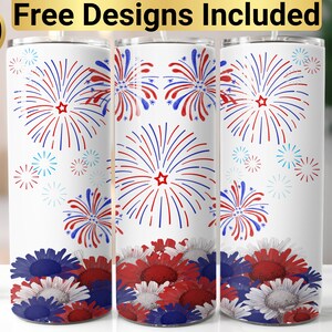Patriotic Fireworks Floral Tumbler Design, Tumbler Wrap PNG, 20 oz Skinny Tumbler Design, Tapered and Straight, Instant Digital Download PNG