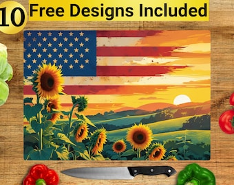 Projekt deski do krojenia z flagą USA i słonecznikiem, Deska do krojenia z flagą USA w formacie PNG, Projekt deski do krojenia z nadrukiem sublimacyjnym, Projekt deski do krojenia z motywem patriotycznym,