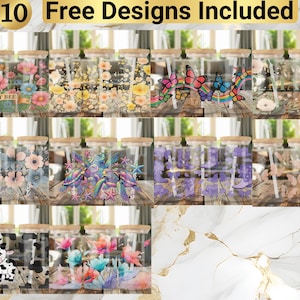 May include: Ten free designs are included with this set of 10 glass jars with lids. The jars are clear glass and have a variety of colorful designs on them, including flowers, butterflies, and sea creatures. The jars are arranged in rows of five, with each row featuring a different design.