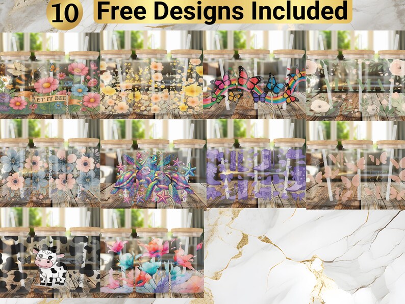 May include: Ten free designs are included with this set of 10 glass jars with lids. The jars are clear glass and have a variety of colorful designs on them, including flowers, butterflies, and sea creatures. The jars are arranged in rows of five, with each row featuring a different design.