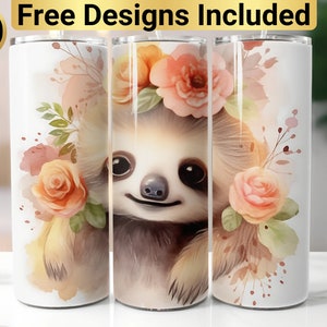 Flowers Baby Sloth Tumbler Design, Tumbler Wrap PNG, 20 oz Skinny Tumbler Design, Sloth Tumbler Design, Sloth Tumbler Wrap, Sloth Tumbler,