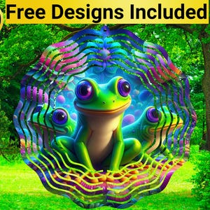 May include: A colorful metal wind spinner with a design of three green frogs with purple eyes. The frogs are sitting on a bed of pink and purple flowers. The background is a swirling pattern of green, pink, and purple.