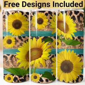 Rustic Sunflower Leopard Teal Wood Tumbler Design, Tumbler Wrap PNG, 20 oz Skinny Tumbler Design, Rustic Tumbler Wrap, Sunflower Tumbler,