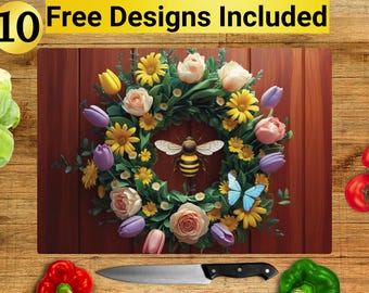 Bee Floral Cutting Board Design, Bee Cutting Board PNG, Cutting Board Sublimation Design, Bee Cutting Board Design, Cutting Board PNG,