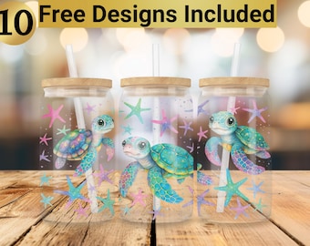 Turtle Glass Tumbler Design, Glass Can Wrap PNG, 16 oz Glass Can Wrap Design, Turtle Glass Tumbler Wrap, Turtle Glass Can PNG,