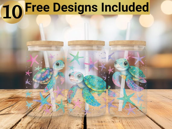 Turtle Glass Tumbler Design, Glass Can Wrap PNG, 16 oz Glass Can Wrap Design, Turtle Glass Tumbler Wrap, Turtle Glass Can PNG,