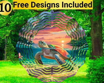 May include: A colorful wind spinner with a layered design features a sea turtle swimming in a tropical ocean scene. The spinner has a sunset background with palm trees and a beach.