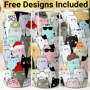 Niedliches Katzen Tumbler Design, Tumbler Wrap PNG, 20 Unze Skinny Tumbler Design, süße Katzen Tumbler Wrap, süße Sublimation, Cat Tumbler PNG,